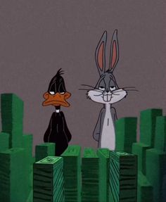 bugs and jack rabbit standing in front of stacks of money with the background of green buildings