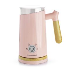 a pink coffee pot with a wooden handle