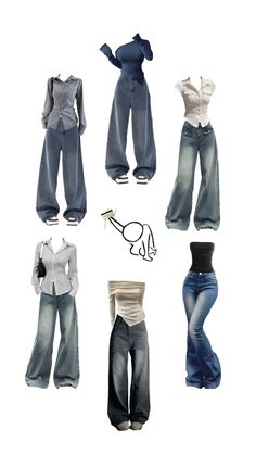 several different types of jeans are shown in this image, including one with an open back and the other with high waist