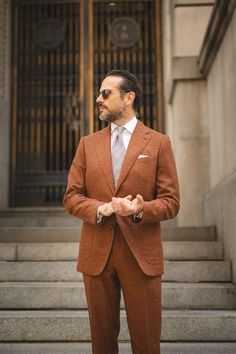 orange suit, light summer suit, interesting men’s suit, unique groomsmen ideas Terracotta Suit, Summer Wedding Suit, Harris Tweed Suit, Groom Collection, Boman Irani, Summer Wedding Suits, Southwestern Wedding