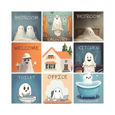 there are four different pictures with ghost characters in them and the words welcome, bathroom, bed room, laundry, kitchen, toilet