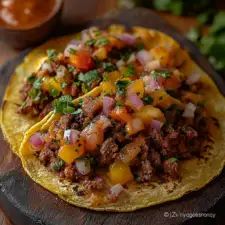 a tortilla topped with meat and vegetables on a cutting board next to salsa