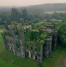 an old castle with ivy growing on it's walls and roof, surrounded by trees