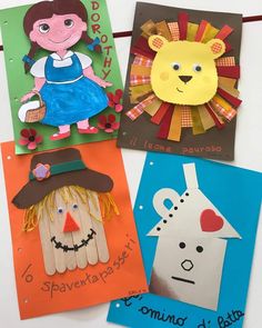 four children's handmade greeting cards with animals, lions and scarecrows