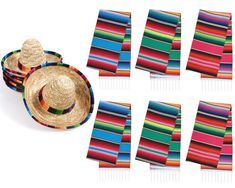 several hats and ties are arranged next to each other on a white background, with multiple strips of multicolored fabric