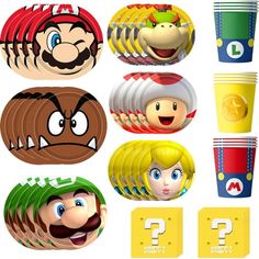 mario bros party supplies including paper plates, cups and napkins for kids to play with