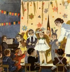 an illustration of children in front of a stage with clowns and magician's