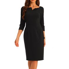 Crafted from 95% polyester and 5% spandex, this midi dress features a notch V neckline and 3/4 sleeves. Ideal for work, business meetings, and social events, it includes a side zipper for easy wear. Suitable for spring, summer, and autumn, this dress offers a regular fit and is showcased in size XS. Pair it with earrings, a handbag, and high heels for a sophisticated look. Business Attire Women Dress, Knee-length Black Business Dress, Black Mid-length Office Dress, Office Lady Dress With 3/4 Sleeves For Work, Best Black Dress, Black Midi Dress With 3/4 Sleeves For Office, Black Midi Dress With 3/4 Sleeve, Interview Dress, Office Business