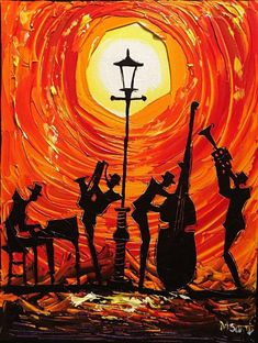 an acrylic painting of people playing instruments in front of a street light at sunset