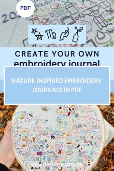 a person holding up a cross stitch project with the words, create your own embroidery journal