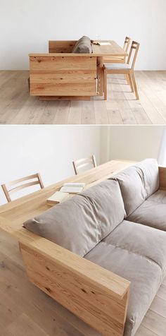 two pictures of a couch and table in the same room, one is made out of wood