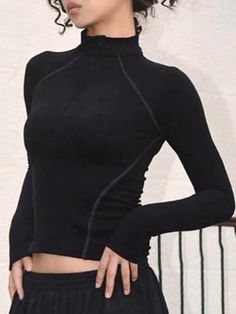 ⚡Buy 2023 Solid Seam Detail Mock Neck Slim Long Sleeve Tee Black S under $19.00 in Tops&Tees at AnotherChill.com Online. Style: Casual/Street/Vintage/Preppy. Fabric Content: Polyester. Fit Type: Slim Fit. Neckline: Mock Neck. Sleeve Length: Long Sleeve. Versatile Style: The casual, street, vintage, preppy style of this long sleeve tee makes it a versatile piece that can be paired with a variety of outfits, perfect for any occasion.. High Quality Fabric: Made from polyester, this tee is not only Casual Black Turtleneck T-shirt, Black Workout T-shirt For Spring, Black T-shirt For Spring Workout, Black Turtleneck T-shirt For Fall, Fitted Athleisure T-shirt For Fall, Fall Workout Tops With Crew Neck, Basic Black T-shirt For Winter, Trendy Black Sports Top, Fall Workout Crew Neck Tops