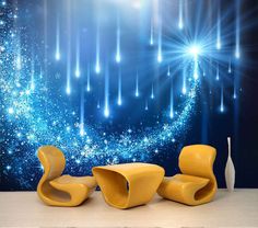 an artistic photo with blue and white lights in the background, including two yellow chairs