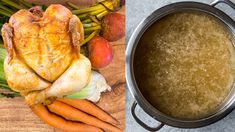 a pot filled with food next to an image of chicken and carrots on a cutting board