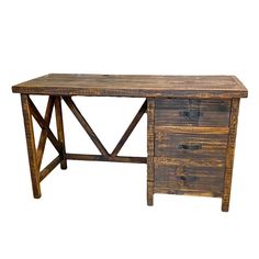 an old wooden desk with two drawers on one side and another drawer on the other