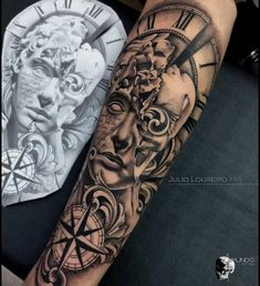 a man's arm with a clock and face tattoo on the left side of his arm