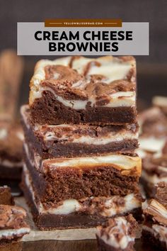 some brownies are stacked on top of each other