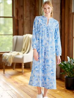 This Flannel Nightgown Is so Snuggly and Warm, Even the Moon Was Lulled to Sleep Clothing Layering, Winter Pyjamas, Celestial Print, Flannel Nightgown, Vermont Country Store, Winter Girl, Autumn Clothing, Sleepy Time, Bedroom Curtains