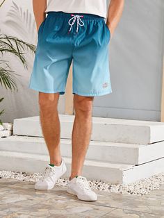 Men Patched Ombre Drawstring Swim Trunks Blue Boho   Fabric Ombre Bottoms Non-Stretch  Men Clothing, size features are:Bust: ,Length: ,Sleeve Length: Gradient Graphic, Men Swimwear, Clothing Guide, Holiday Fabric, Men Beach, Mens Boardshorts, Type Of Pants, Beach Shorts, Mens Swimwear