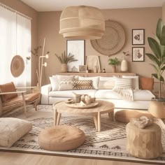 a living room filled with lots of furniture and decor on top of a wooden floor