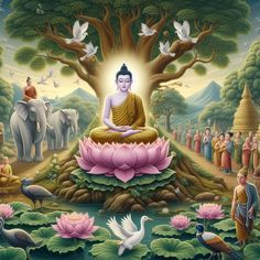 the buddha statue is surrounded by birds and water lilies in front of an elephant