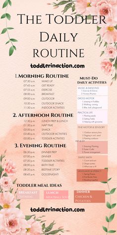 a pink poster with flowers on it and the words, the toddler daily routine