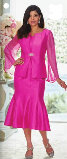 Corinna Sheer Sleeve Skirt Suit Jacket has modesty panel and wide sheer sleeves with a broach closure at the waist.  Lined skirt is 30 Inches long.  Polyester Machine Wash.  Imported Cogic Fashion, Church Suits And Hats, Church Attire, Womens Skirt Suits, Church Suits, Womens Wedding Dresses, Church Dresses, Lined Skirt, Sheer Sleeves