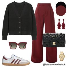 Burgundy Trousers - 10 Outfit Ideas 🐙 Here are 10 more colors that pair well with burgundy! Which is your favorite? As fall approaches it’s time to break out our sweaters. Instead of just pairing them with jeans, here’s a reminder that wide leg trousers are a more elevated option but just as comfortable! So for an elevated casual look, try pairing your sweaters with your trousers! You can still wear your sneakers with them! 😉 So save this post for style inspiration and look in your closet to... Maroon Sneakers Women Outfit, Cranberry Pants Outfit, Burgundy Joggers Outfit Women, Burgundy Pants Outfit Winter, Outfit Pantalon Vino, Wide Leg Pants Outfit Casual