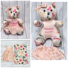 two pictures of a teddy bear with clothes on it and the same one in different colors