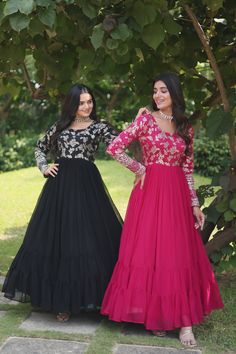 Designer Anarkali Gown, Indian Partywear Dress Wedding Long Dress For Women,Gown For Women,Bollywood Dress,indian dress 💃PREMIUM DESIGNER READYMADE GOWN COLLECTIONS. 👜 💗 Faux Blooming gown with Viscose Diable Jacquard With Sequins  Embroidered Work, women can combine the best parts of western and Indian wear into one stunning ensemble. 💝 💕 #GOWNLOVE  GOWN👇🏻 👉🏻 Fabrics & Work :- Faux Blooming & Viscose Diable Jacquard With Sequins Embroidered Work 👉🏻 Size         :- M(38''), L(40''), XL(42''), XXL(44'') 👉🏻 Length     :- 56 INCH 👉🏻 Flair:- 5 MTR  👉🏻 Lining :- Cotton  (Full Inner Top To Bottom) 👉🏻 Sleeves Type  :- Full Sleeve 👉🏻 Neck Type  :- Fancy Round Neck 👉🏻 Stitching Type :- Frill Stitch 👉🏻 Colour :- 2 (PINK ,BLACK) 👉🏻 Package Contain :- Gown #BloomingGown #gow Indian Long Gowns, Pink Anarkali, Work Women, Partywear Dresses