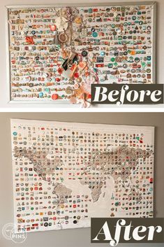 the before and after pictures of a wall hanging on a wall with buttons in it