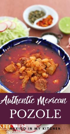 authentic mexican pozole in my kitchen with text overlay that reads authentic mexican pozole mixed in my kitchen