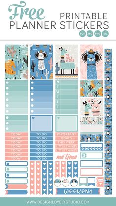 the printable planner stickers are available in blue, pink and orange colors with an animal