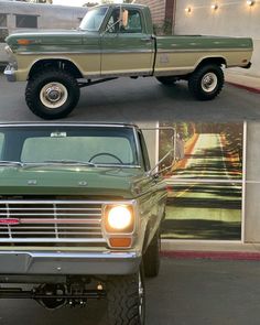 an old green truck parked in front of a building next to another one with lights on