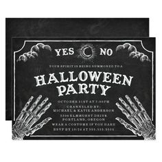 a black and white halloween party card with skeleton hands on the front, says yes no