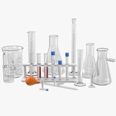 an assortment of laboratory equipment including beakles, tubes and flasks on a white background