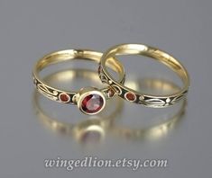 AUGUSTA 14K gold Red Garnet engagement ring & band wedding set Garnett Wedding Rings, Luxury Red Engraved Classic Ring, Luxury Red Engraved Ring, Minimalist Wedding Ring Red Amd Gold, His And Her Garnet Ring, Sapphire Necklace Wedding, Akoya Pearl Ring, European Cut Diamond Ring, Engagement Ring Band