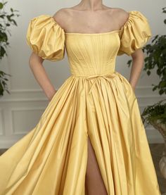 Royal Sunshine Gown - Teuta Matoshi Yellow Evening Dress, Prom Dress Yellow, Satin Long Prom Dress, Yellow Evening Dresses, A Line Prom Dress, Prom Dresses Yellow, Prom Dresses With Pockets, Satin Evening Dresses, Yellow Satin