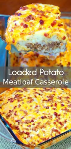 loaded potato meatloaf casserole in a glass dish with a serving spoon