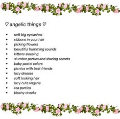 an angelic things list with pink roses and green leaves