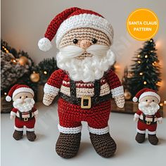 a crocheted santa clause and two small gnomes