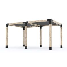 two tables made out of wood with black tops