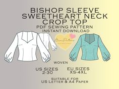 the front and back of a sewing pattern for a women's blouse with long sleeves