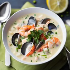 a white bowl filled with seafood and clam chowder next to silver spoons