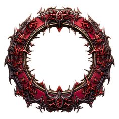 a circular frame made up of red and black metal spikes on an isolated white background