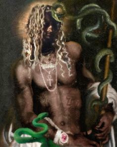 a painting of a man holding a green snake