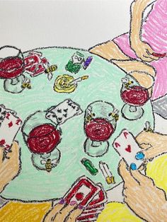 a drawing of people playing cards at a table