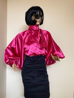 "This is a very stylish Womens Satin blouse. It is comfortable and cozy. Made for a free flowing fit. Great for all year around and for any special occasion or casual day can be dressed up or dressed down. SIZE CHART SIZE S - US 6, UK 8, EU 36 bust: bust around 34.5\"/90cm Waist: waist around 27.5\"/70cm Hips: hips around 34.5\"/90cm SIZE M - US 8, UK 10, EU 38 bust: bust around 37.5\"/95cm Waist: waist around 29.5\"/75cm Hips: hips around 37.5\"/95cm SIZE L - US 10, UK 12, EU 40 bust: bust arou Luxury Pink Padded Blouse Piece, Satin Bow Blouse, Puffy Sleeves Blouse, Glass Wreath, Bishop Sleeve Blouse, Blouse Satin, Wreath Ornament, Satin Bluse, Checked Blouse