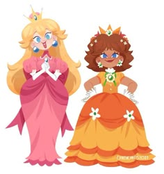 two cartoon characters dressed as princesses, one in orange and the other in pink