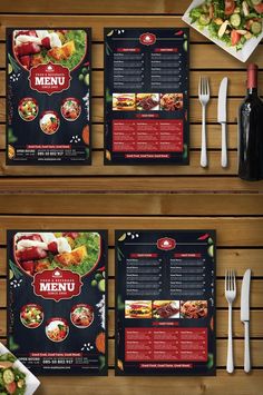 two menus with different types of food and drinks on wooden boards next to utensils